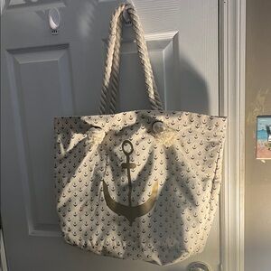 Anchor Print Tote Bag - Cream and Gold